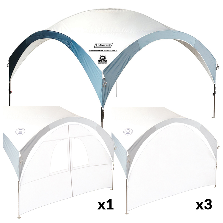 This kit comes with three Coleman Pro XL Sunwalls offering sun and wind sheltering and in addition, you get one Sunwall that features a door; this is the full kit that offers full protection against the elements, to matter your event or celebration. With 99.9% UV Protection, the shelter can reduce the temperature by 2.5 degrees with thanks to a silver coating on the inner fabric.